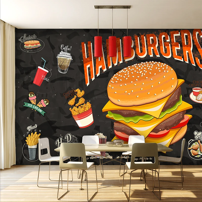 Custom Any Size murals 3D Western Burger Fried Chicken Fast Food Restaurant Food Wallpaper Restaurant Corridor Mural Wallpaper