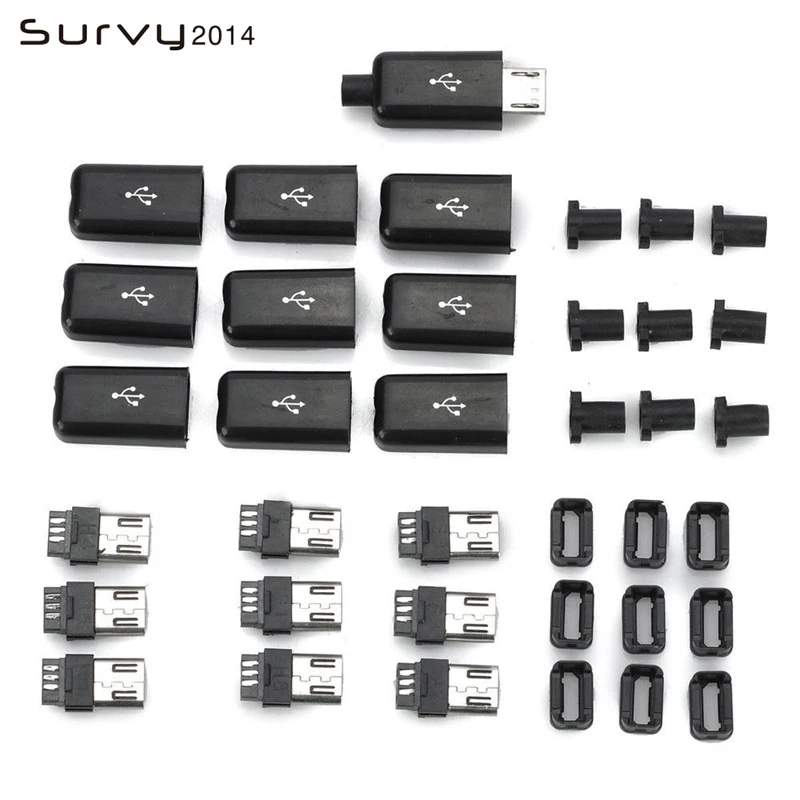 10pcs/ Sets 5 in 1 DIY Micro USB Welding Type Male 5 Pin Plug Connector w/Plastic Cover  Black