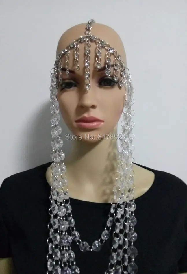 New Style Women Silver Plated Chains Layers Silver Rhinestone Chains Clear Beads Head Chains Jewelry WRHE08