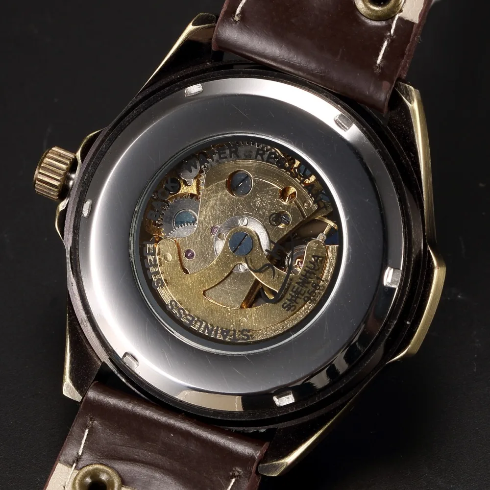 SHENHUA Gasline Series Clock Men Retro Bronze Skeleton Steampunk Mechanical Male Wristwatch Relogio Masculino Automatic Watch
