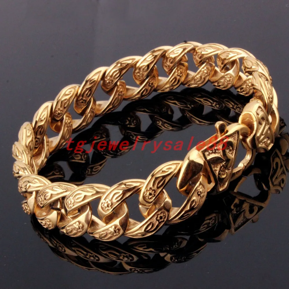 Popular Biker Men\'s 15mm Wide Gold Color Stainless Steel Curb Cuban Link Chain Casting Bracelet Jewelry Flower Clasp 9\