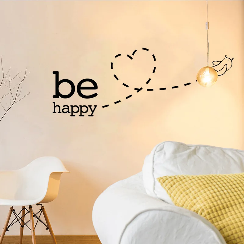Be Happy Flying Bird Heart Wall Sticker For Kids Room Bedroom Decoration Home Art Decals Wallpaper Removable Stickers