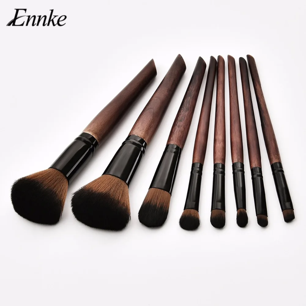 ENNKE 2019 New Arrival 8 Pcs Coffee Makeup Brushes With Dark Red Case Soft Synthetic Hair Wood Handle Facial Eyeshadow Blush Lip