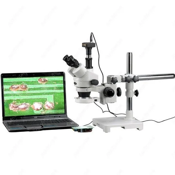 AmScope Zoom Trinocular Stereo Microscope 3.5X-90X+ 80 LED Ring Light + 3MP USB 2.0 Camera on Single Arm Boom Stand