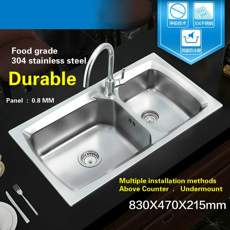 Free shipping Hot sell whole drawing standard luxurious kitchen double groove sink food grade 304 stainless steel 830x470 MM