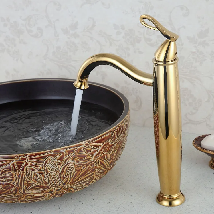 Free ship Modern Single Hole Bathroom Vessel tall  Sink Faucet in 24k GOLD PVD Finish Basin Mixer Tap deck mounted