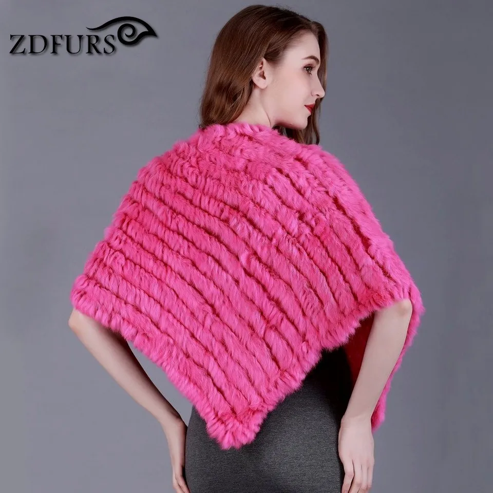 ZDFURS * autumn Winter women Genuine rabbit fur Poncho triangular fur shawl real Fur Wrap  pullovers  knitted rabbit cloak cape