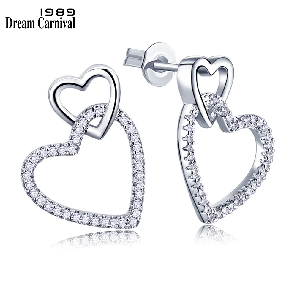 Dreamcarnival1989 Women Stud Earings Cute Hollow Linked Hearts Rhodium-Color Clear White Blinking CZ Paved Boucles d'oreilles