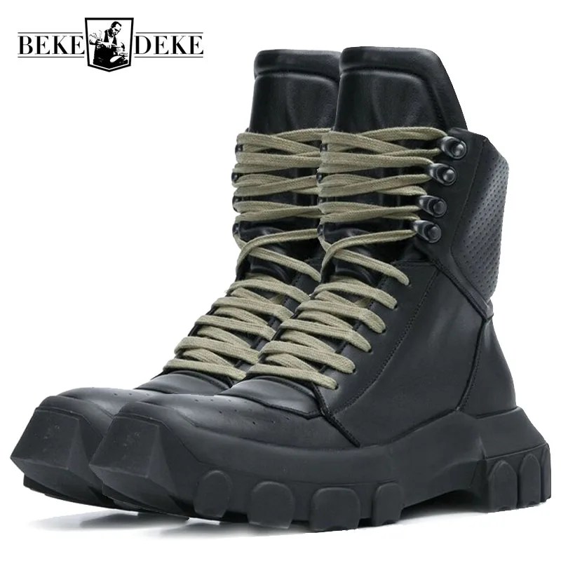 Punk Winter Men Lace Up Tactical Platform Ankle Boots Med Heels Platform Work Safety Shoes Army Genuine Leather Boots Homme