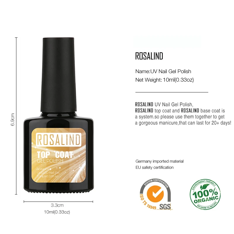 

ROSALIND 10ML Long-Lasting Gel Lacquer For Nail Art Beauty Nail Manicure Soak-off Top Coat Need UV LED Lamp Cure