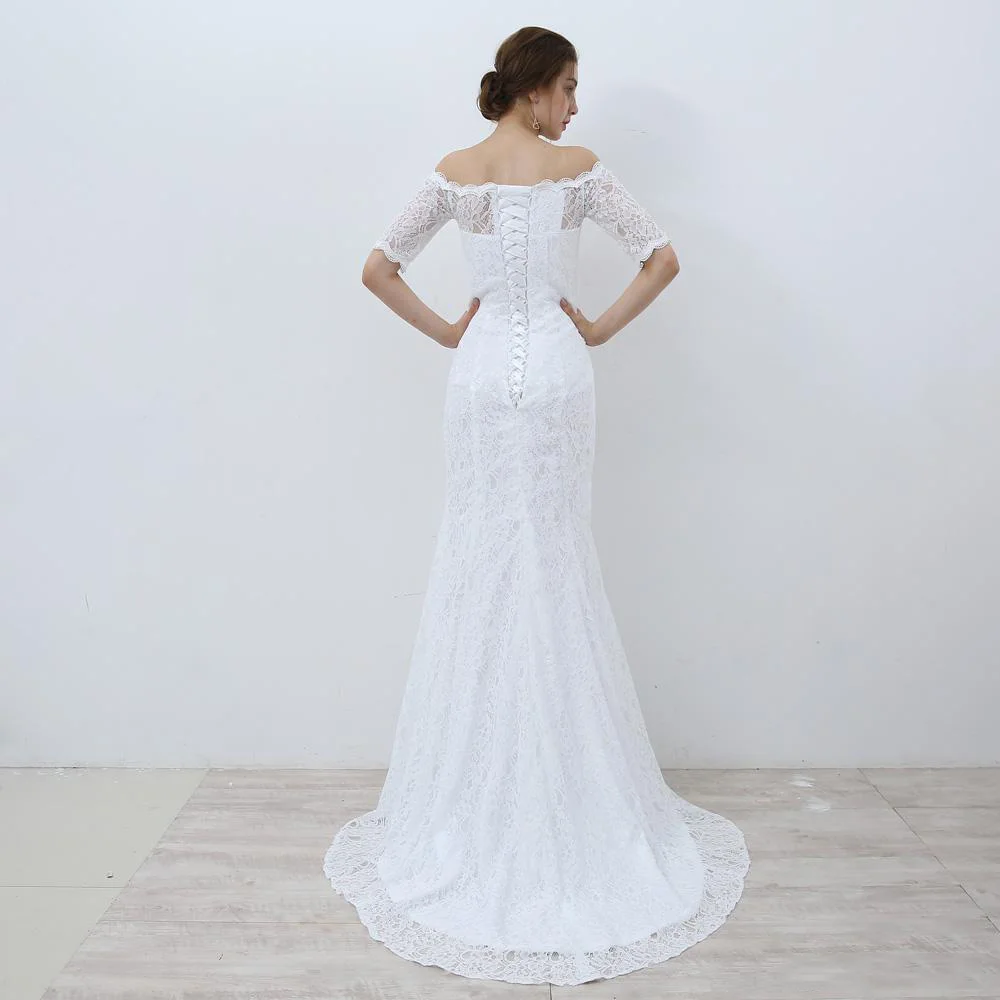 JIERUIZE White Lace Boho Mermaid Wedding Dresses Half Sleeves Off The Shoulder Beach Bridal Dresses Elegant Wedding Gowns