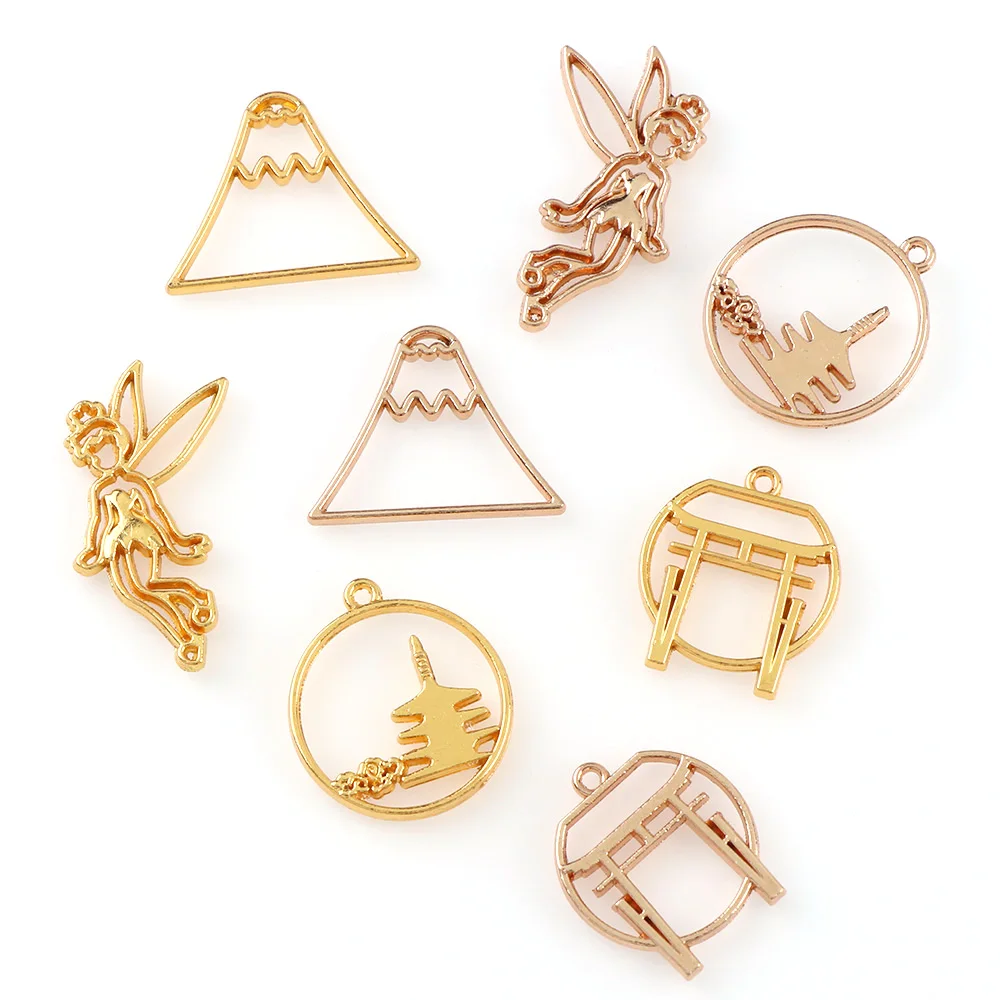 4pc/set  Mix Metal Hollow Triangle Tower Angel Shape UV Resin Charm Frame Pendant Gold Charm Bezel Setting Cabochon Setting