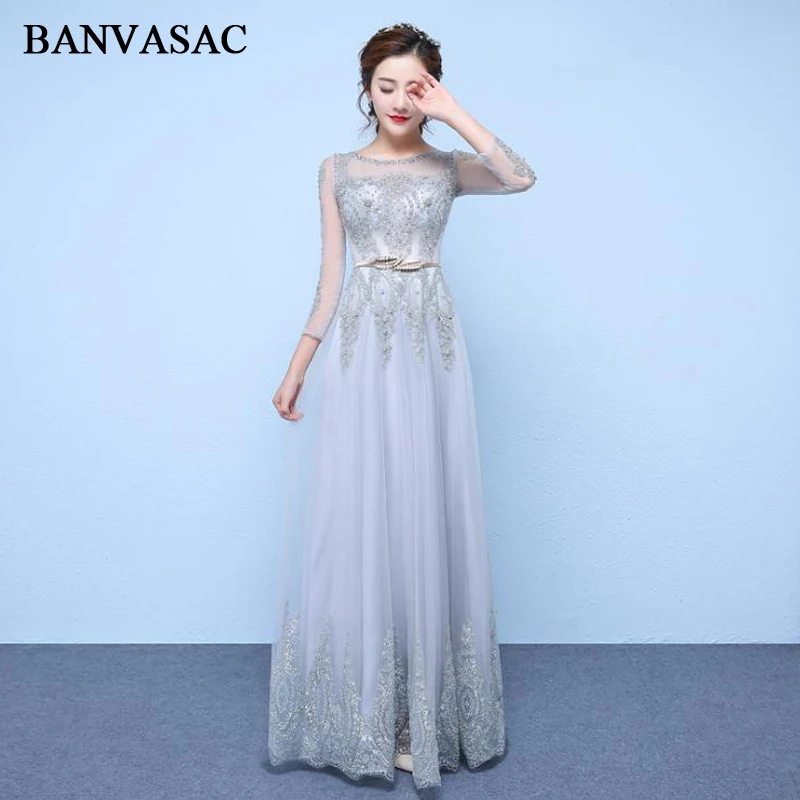 

BANVASAC 2018 Illusion O Neck Crystal A Line Long Evening Dresses Elegant Lace Party Sequined Leaf Sash Prom Gowns