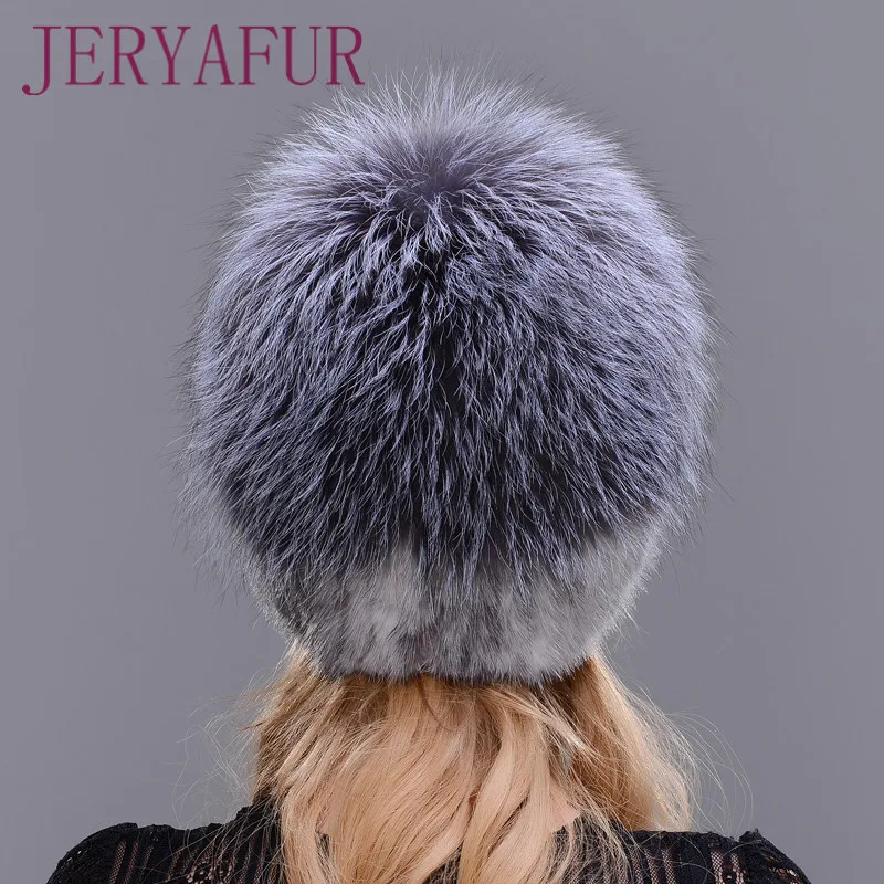 Female Mink Fur Hat Women Winter Hat Knitted Mink Fox Fur Cap Female Warm Hat Cap Silver Fox Part More