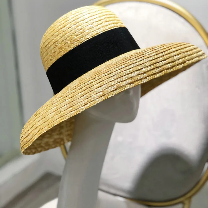 Wide Brim Women Sun Hat Wheat Straw Summer Beach Hat Elegant Cap UV Protection Black long Ribbon Bow Derby Travel Hats