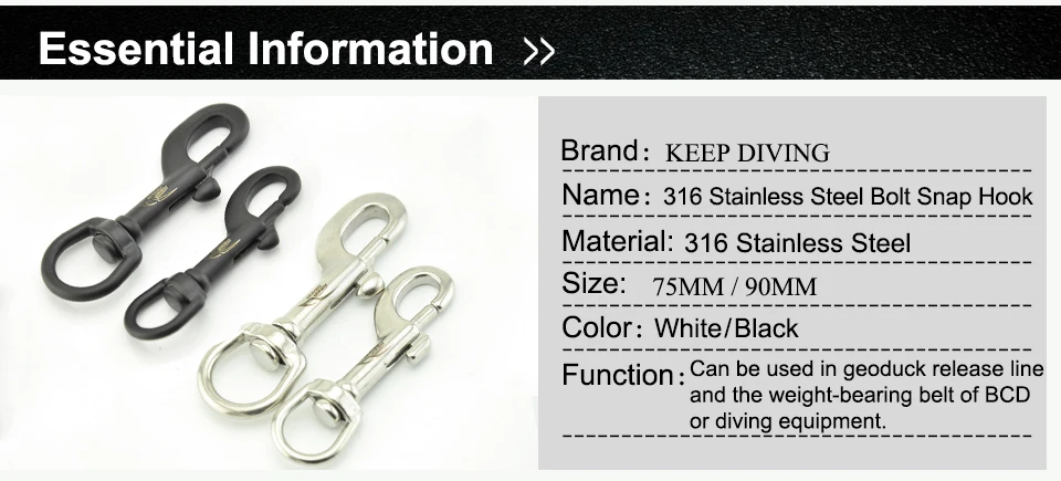 1PCS/3PCS KEEP DIVING 75/90MM 316 Edelstahl Bolzen Snap Haken Clip Tauchen Haken BCD zubehör Tauchen Ausrüstung – Detail 1