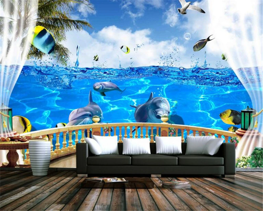 

beibehang Custom Silk Cloth Wallpaper 3D Balcony Sea View Ocean Dolphin Fish Background Wall Paintings wallpaper for walls 3 d