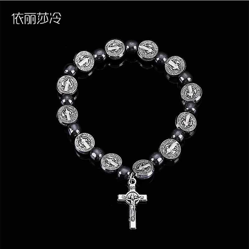 Classic Jesus Cross Rosary Bracelet, Hematite Bracelet, St. Benedict Beaded Prayer Bracelet, Sacred Mercy Bracelet