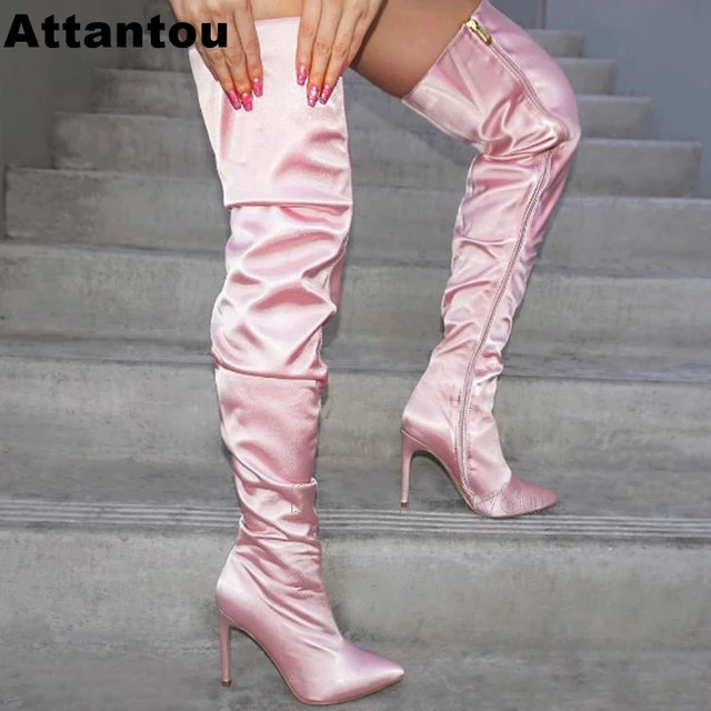 Pink satin thigh high boots clearance