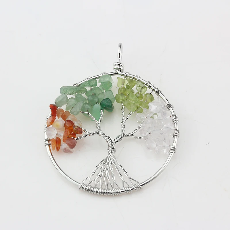 New Tree of Life Necklace Pendant Natural Stone Chip Beads pendulum Handmade Wire Wrap Clear Crystal Women Healing Reiki Jewelry