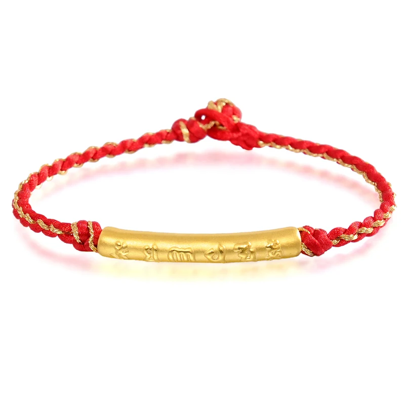 Pure 24K Yellow Gold Bracelet For Women Men Six-word Buddhist Sutra Tube Red Rope Knitted Bracelet 6.3inchL Link