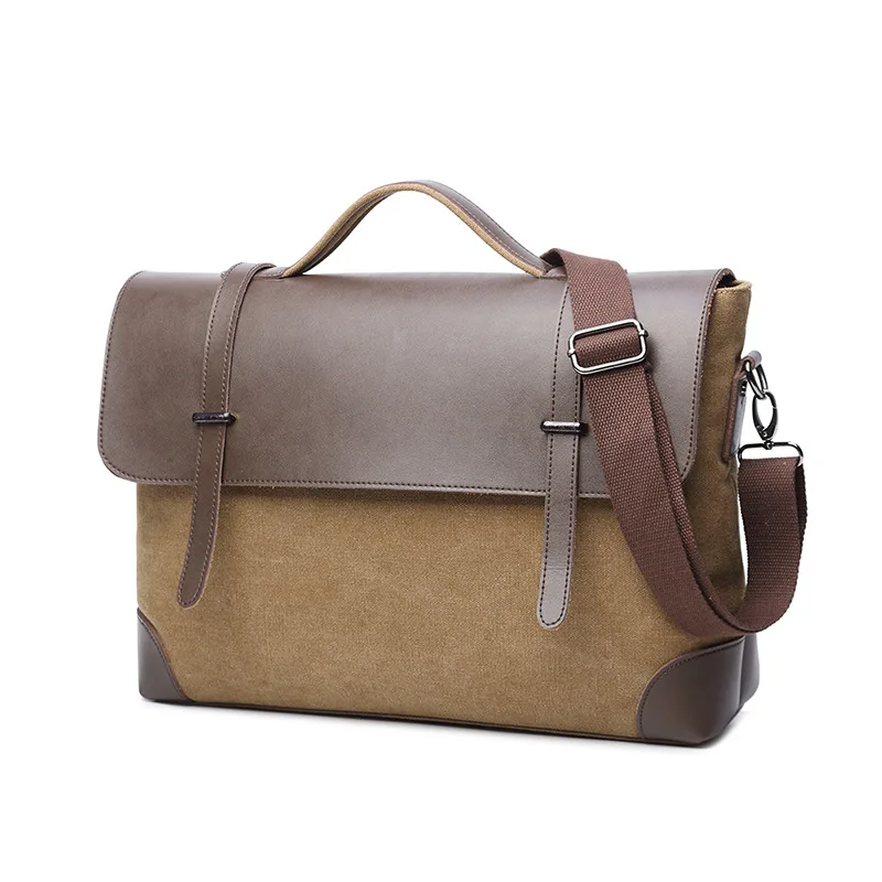 Vintage Men Briefcase Canvas Leather Laptop bag 14 13.3 13 inch Business Shoulder Crossbody Bag Casual Durable Leather Messenger