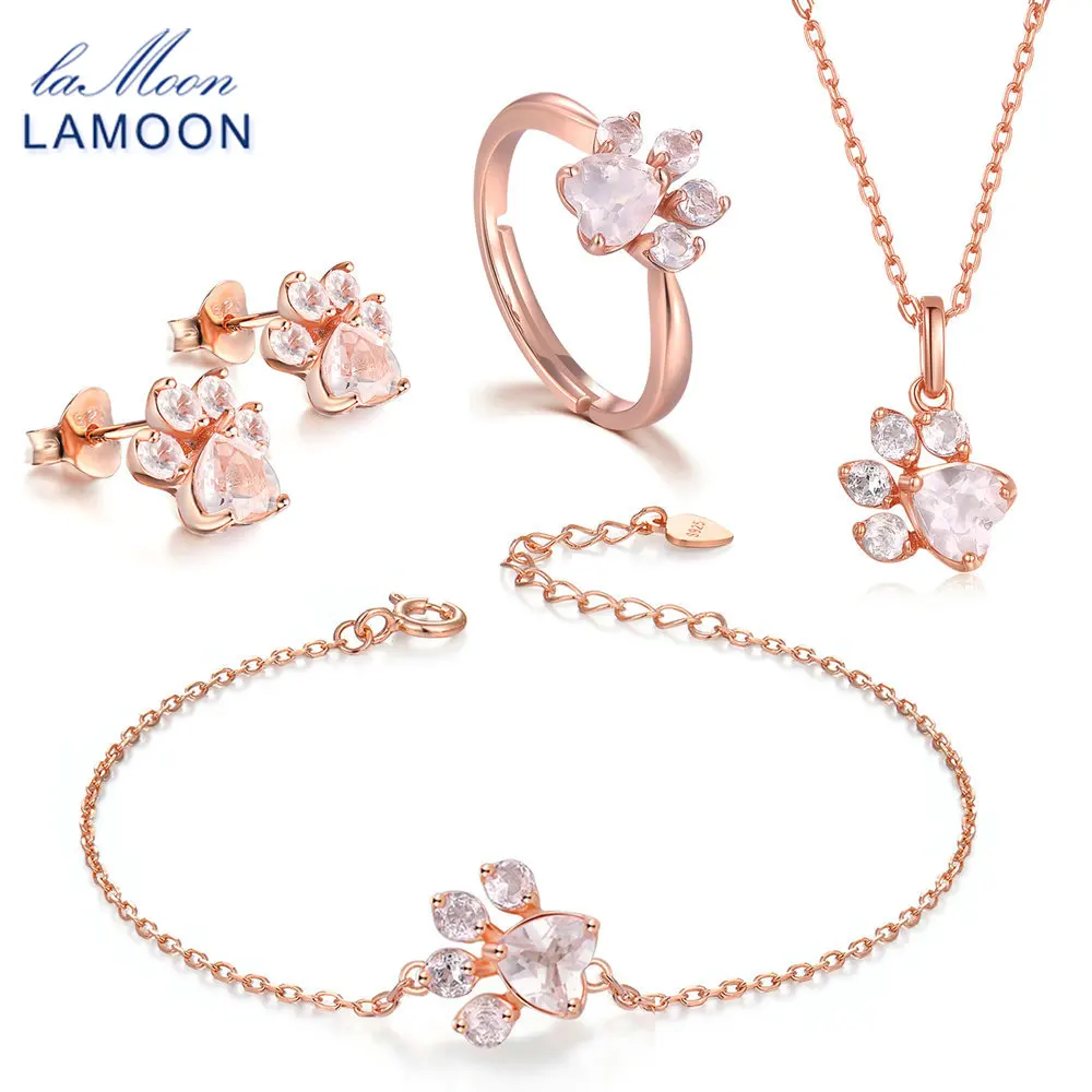 

LAMOON Bear's Paw Sterling Silver 925 Jewelry Sets Gemstone Rose Quartz S925 18K Rose Gold Plated Fine Jewelry For Women V035-1