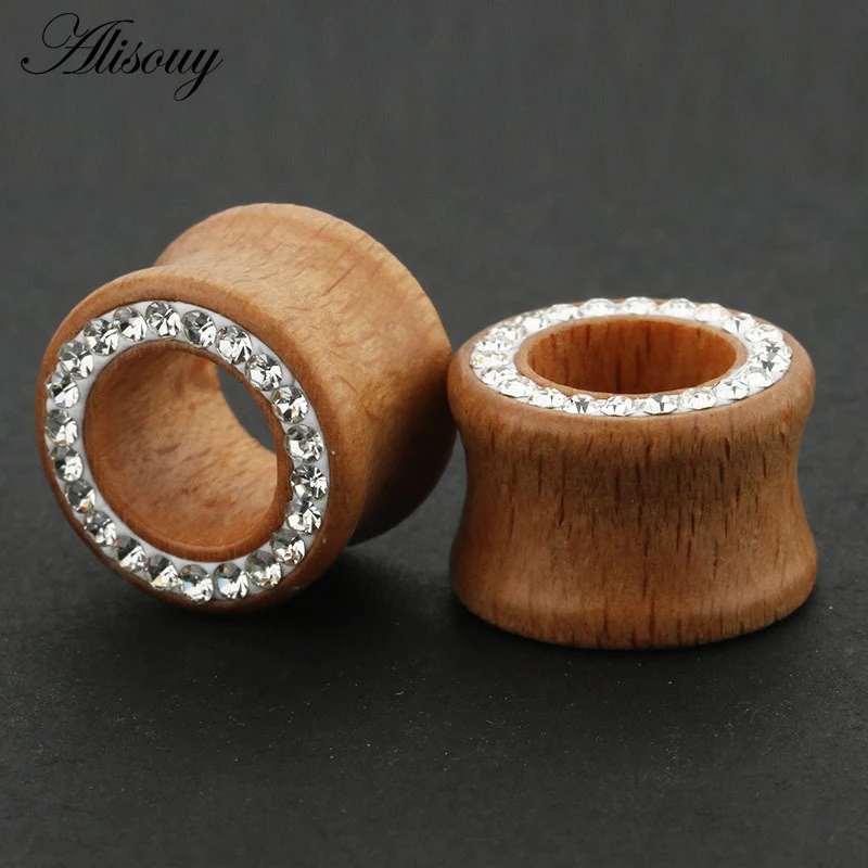 1PC Fashion Ear Plugs Wood Flesh Tunnels Zircon Crystal Rhinestone 8mm-16mm Saddle Ear Taper Body Piercing Jewelry Men Women