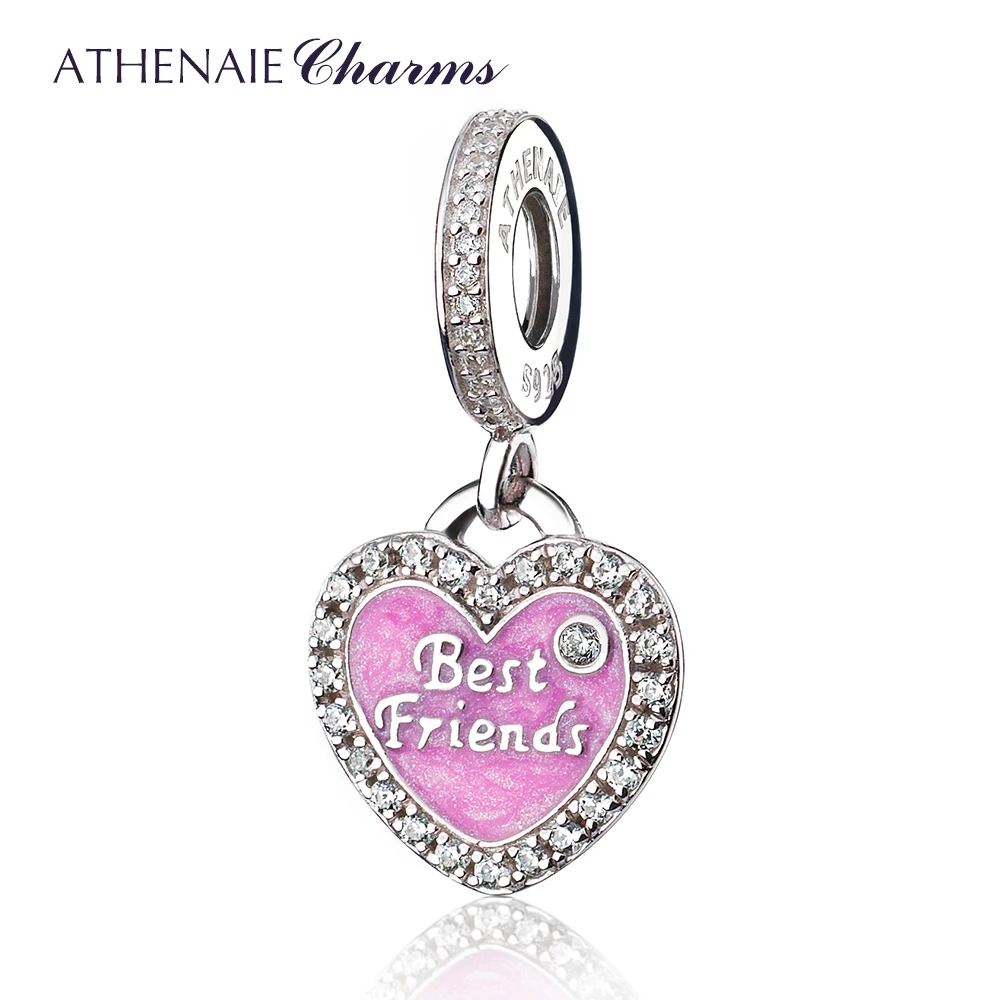 

ATHENAIE 925 Sterling Silver Romantic Pink Enamel Best Friends Pendants with CZ Birthstone Dangle Charm Fit European Bracelets