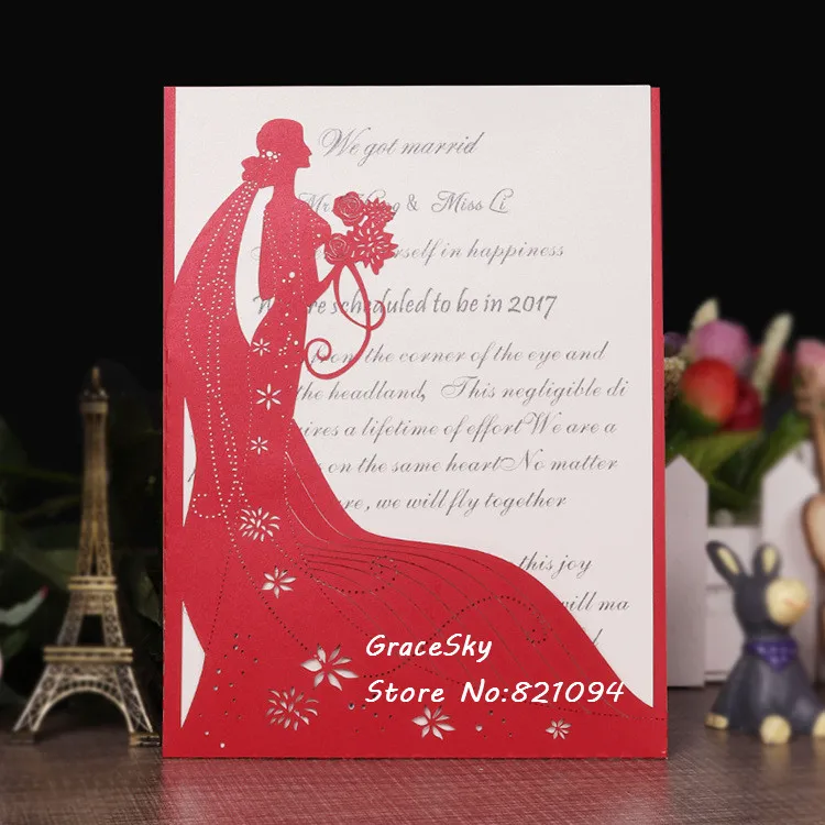 

50pcs free shipping Laser cut Elegance Princess Bride paper Wedding invitation cards with Personalized text Wedding RSVP cards