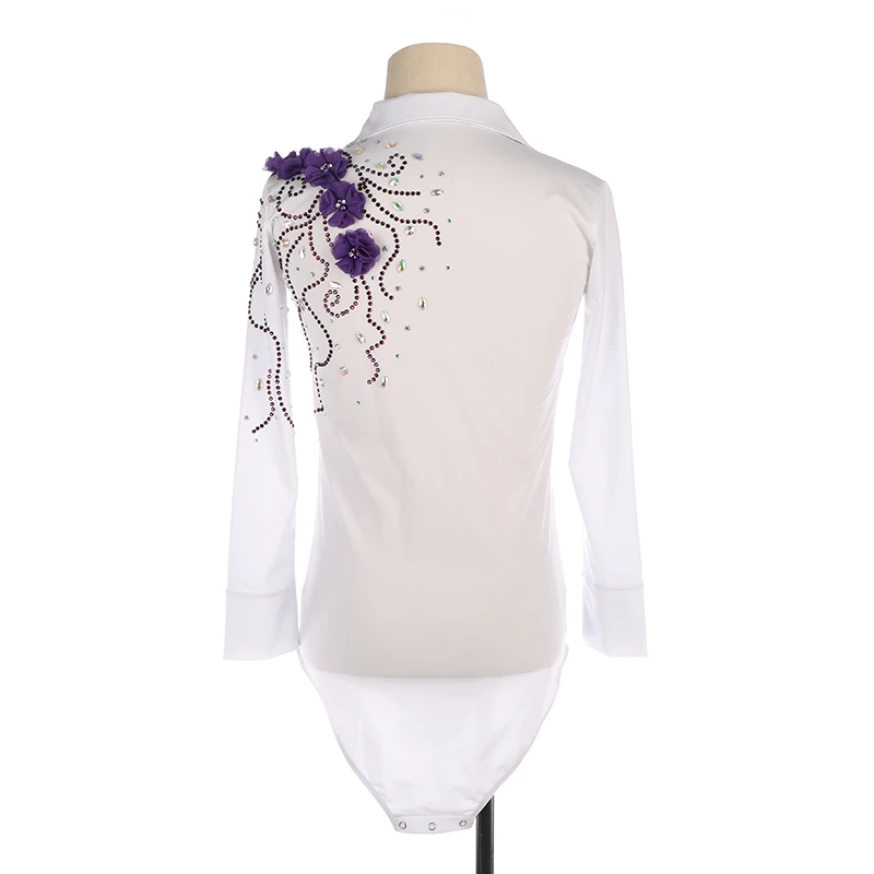 Custom White Long Sleeve Flower Rhythmic Gymnastics Costume Dance Costume Purple Flower Tights