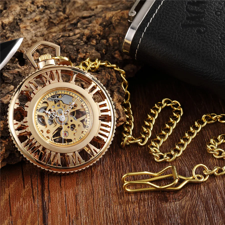 Luxury Mechanical Pocket Watch Hollow Golden Hand-wind Roman Numerals Fob Chain Clock Vintage men Women Pocket Watch Top