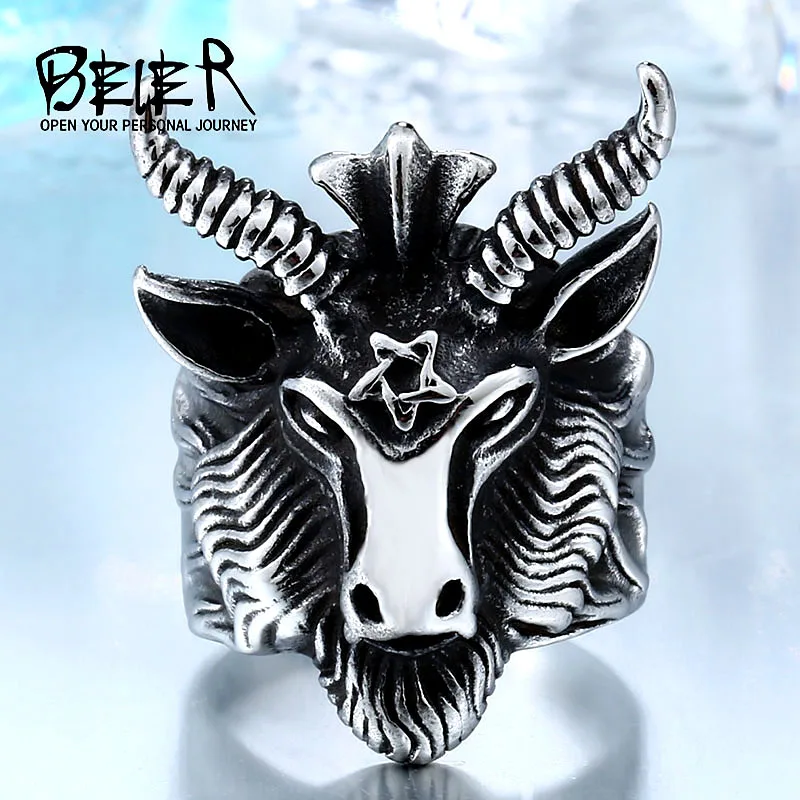 Beier 316L Stainless Steel Vintage  Big Goat Head Ring Nose viking  Animal Jewelry for Men