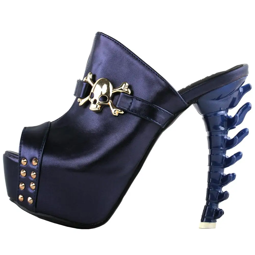 LF80661 SHOW STORY Punk Black Skull Stud Open Toe Platform Bone Heel Club Mule Slide Sandals,