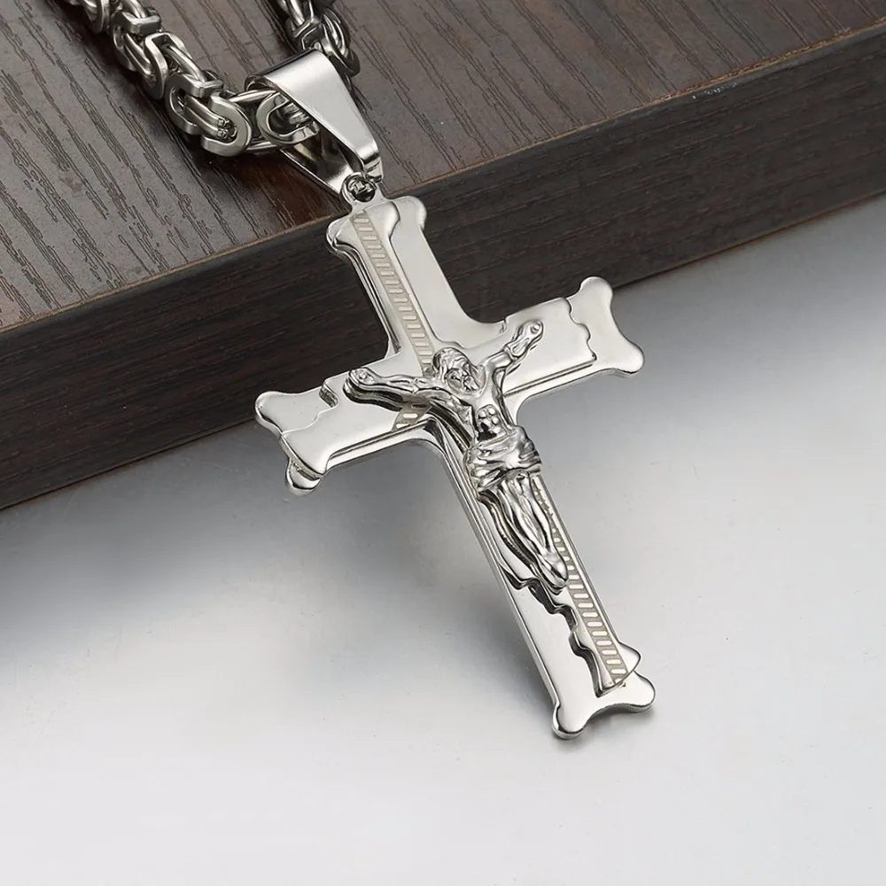 Jesus Cross Silver Color Necklaces Men Women Pendant Stainless Steel With 6MM Byzantine Chain  Christian Crucifix Jewelry