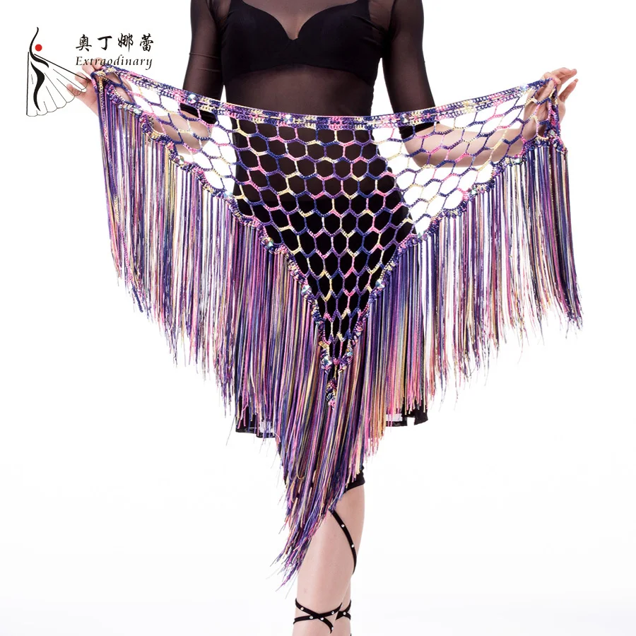 Multicolored Belly Dancing Clothing Stretchy Long Tassel Knit Triangle Shawls Hand Crochet Women Belly dance Hip Scarf Belt