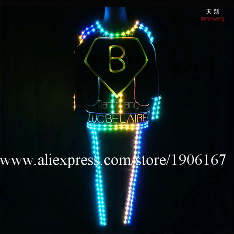 Fullcolor Fiber Optic Light Up Clothes RGB LED Luminous Dance Suit Nightclub Bar Illuminate Stage Performance Ballroom Costume