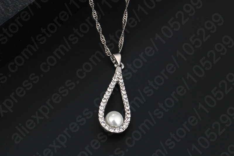 Real 925 Silver Needle Shiny CZ Crystal Water Drop Pearl Necklaces For Woman Fine Jewelry Wedding Earring Set Gift Hot