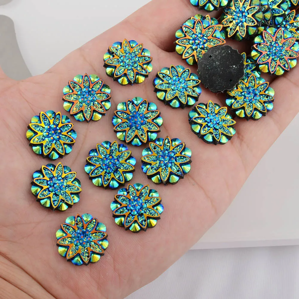 BOLIAO 15Pcs 18mm( 0.71in ) Flower Shape Resin AB Color With Two Hole Dark Blue Rhinestone Flatback Buttons Clothes Crafts DIY