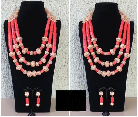 Gold Bridal Statement Necklace Set Fabulous Nigerian Wedding Coral Beads Jewelry Set African Jewelry Free Shipping ABH511