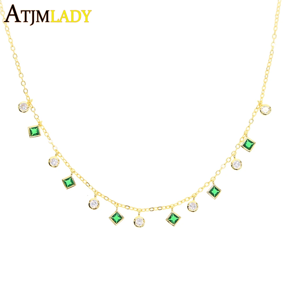 High Quality Bezel Cz Station Statement Green round square cz Charm Pendant 33+7cm Choker Necklace Thin Chain for women