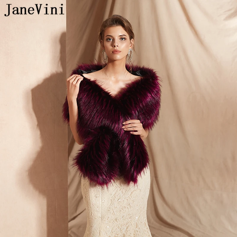 JaneVini 2019 Elegant Grape Faux Fur Shawl Bridal Wedding Cape Wrap Short Cloak Winter Coat Wedding Accessories Bolero Fourrure