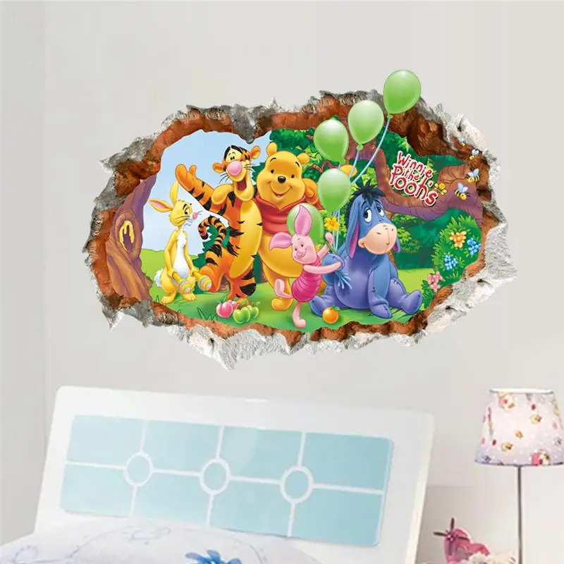 Winnie The Pooh Bear Wall Stickers For Kids Room Home Decoration 3d Broken Hole Cartoon Animals Mural Art Pvc Wall Decals Poster