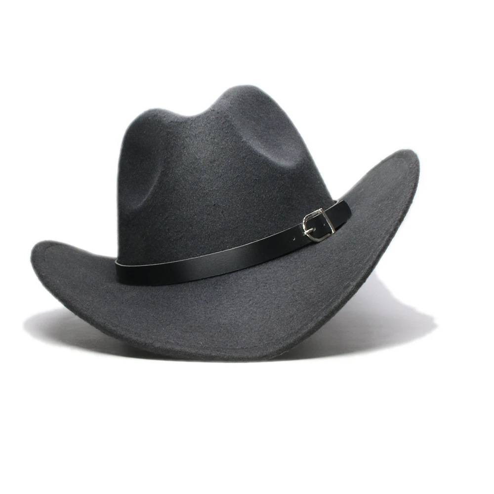 Vintage inverno pai-filho mulher homem/criança lã ampla borda cowboy western hat cowgirl bowler boné faixa de couro preto (61/57//54cm)