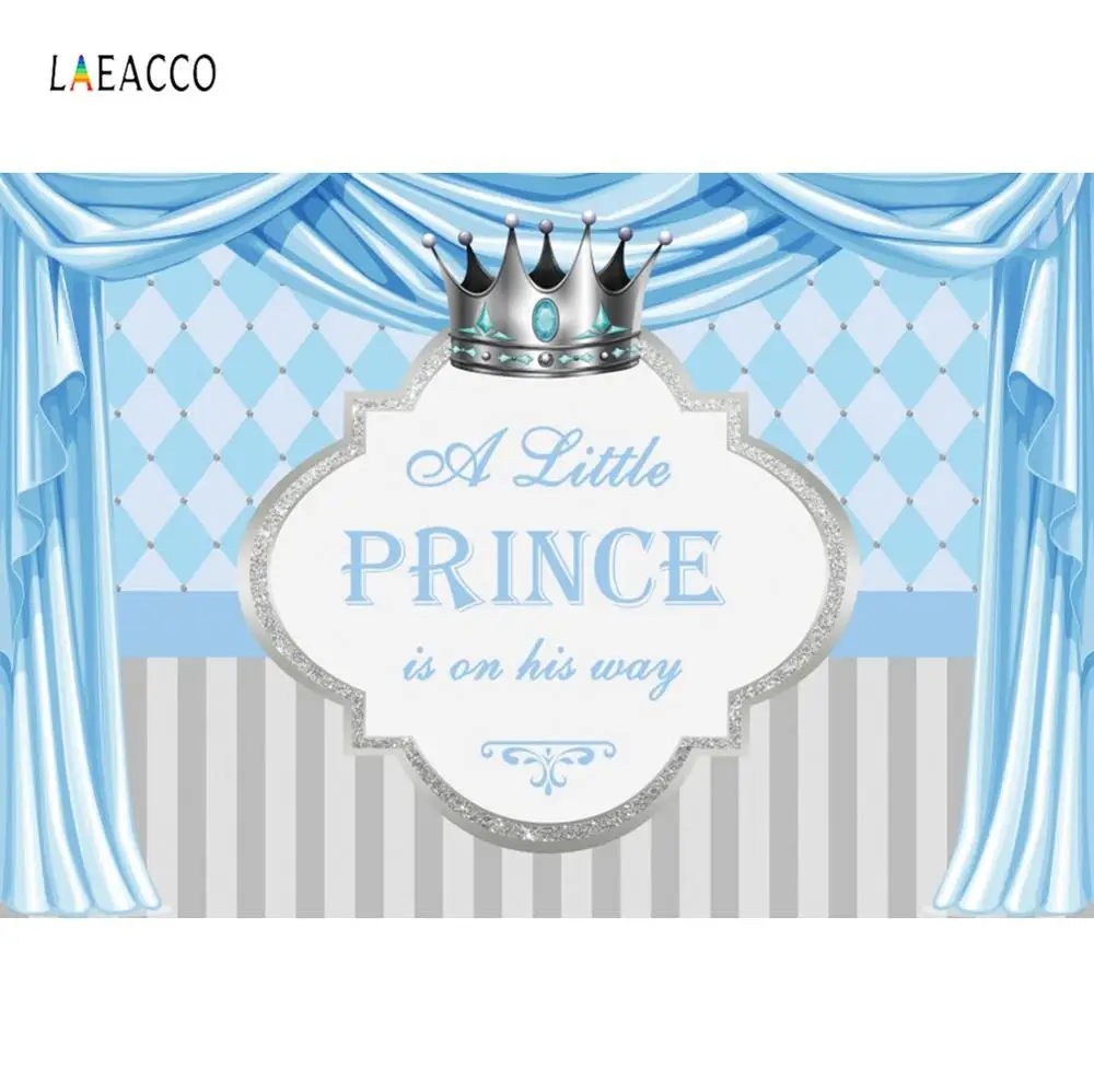 Baby Shower Background A Little Prince Is On His Way Light Blue Curtain Crown Stripe Photography Backdrop Photocall Photo Studio