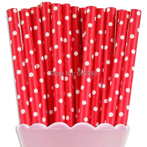 100 Pcs Mixed Colors Retro Disposable Biodegradable Decorative Christmas Party Decorations White Swiss Dot Red Paper Straws