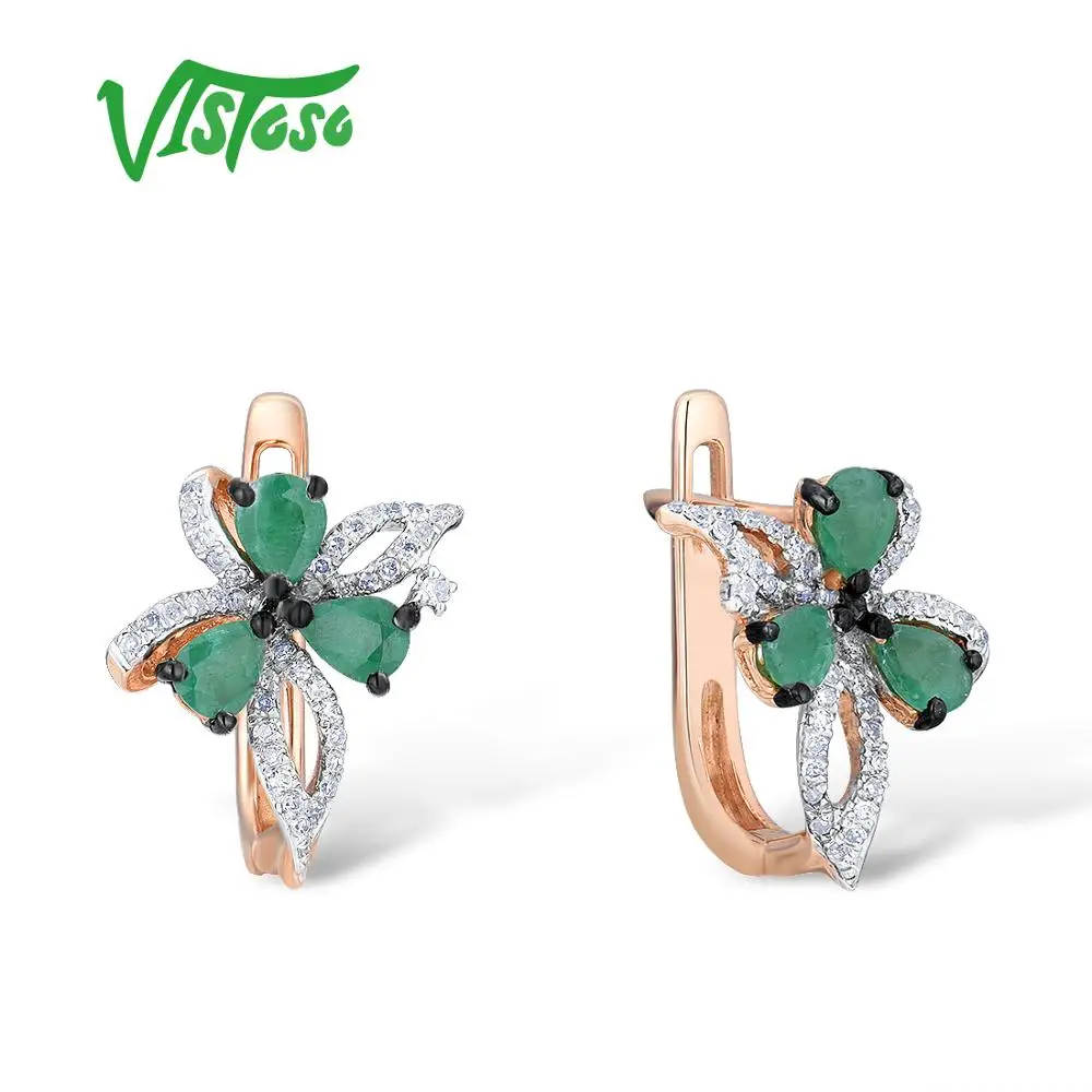 VISTOSO 14K 585 Rose Gold Bowknot Earrings For Women Glamorous Elegant Emerald Sparkling Diamond Glamorous Trendy Fine Jewelry