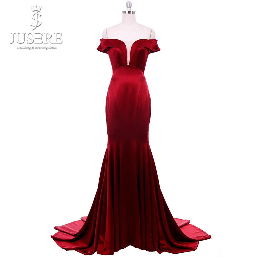 Jusere Exquisite Cutting Shape Off the Shoulder Empire Ruch Pleat Bottom Large Volume V Mermaid Burgundy Red Evening Dress