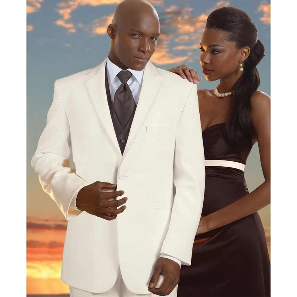 

Ivory Wedding Suits For Men Custom Made, Bespoke Mens Ivory Suits with Dark Brown Vest,Tailored Off-White Wedding Suits for men