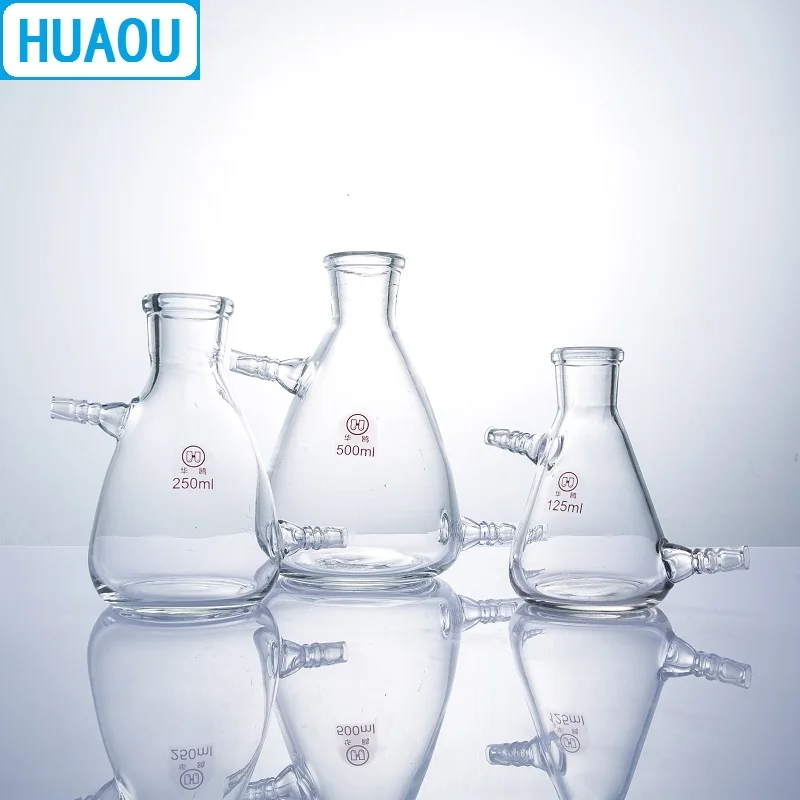 HUAOU – flacon filtrant de 125mL, avec tube supérieur sur le côté et en bas, Borosilicate 3.3, équipement de laboratoire chimique en verre